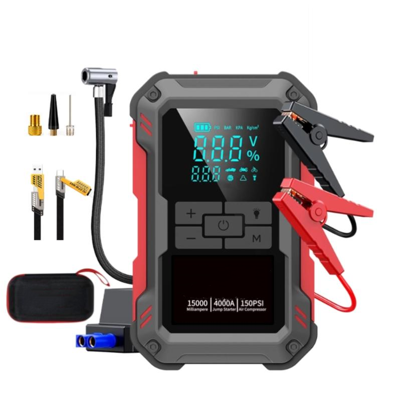 Arrancador de coche 15000mAh 12V con compresor de aire 150 PSI, carga rápida 18W, pantalla de presión y luz LED, con cables de arranque y accesorios