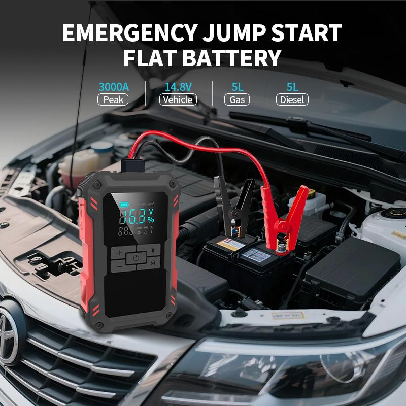 Arrancador de coche 15000mAh 12V con compresor de aire 150 PSI, carga rápida 18W, pantalla de presión y luz LED, con cables de arranque y accesorios