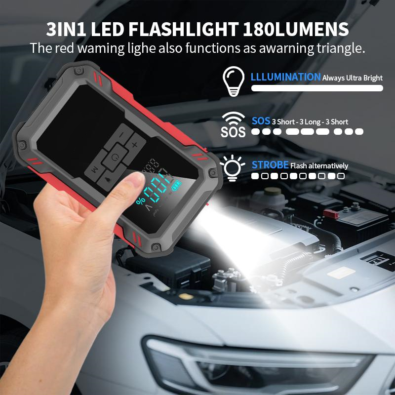 Arrancador de coche 15000mAh 12V con compresor de aire 150 PSI, carga rápida 18W, pantalla de presión y luz LED, con cables de arranque y accesorios