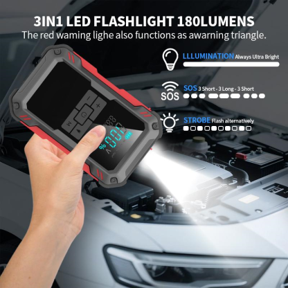 Arrancador de coche 15000mAh 12V con compresor de aire 150 PSI, carga rápida 18W, pantalla de presión y luz LED, con cables de arranque y accesorios