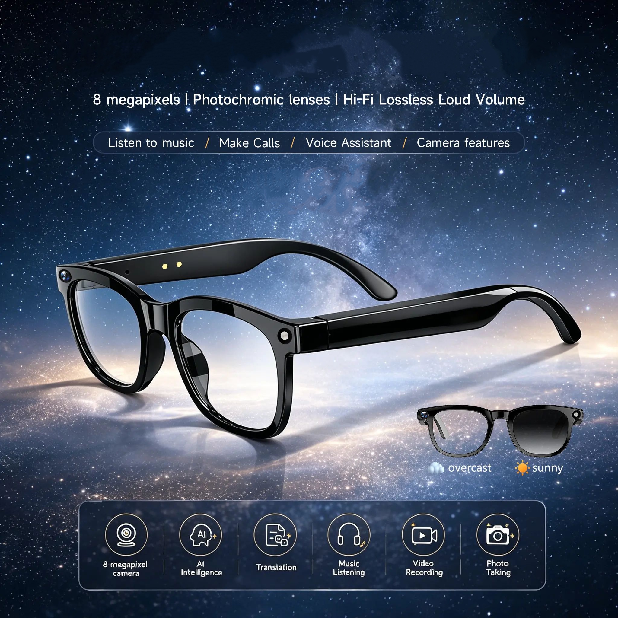 Lentes inteligentes con cámara y Bluetooth para foto, video y traducción compatibles con iPhone y Android