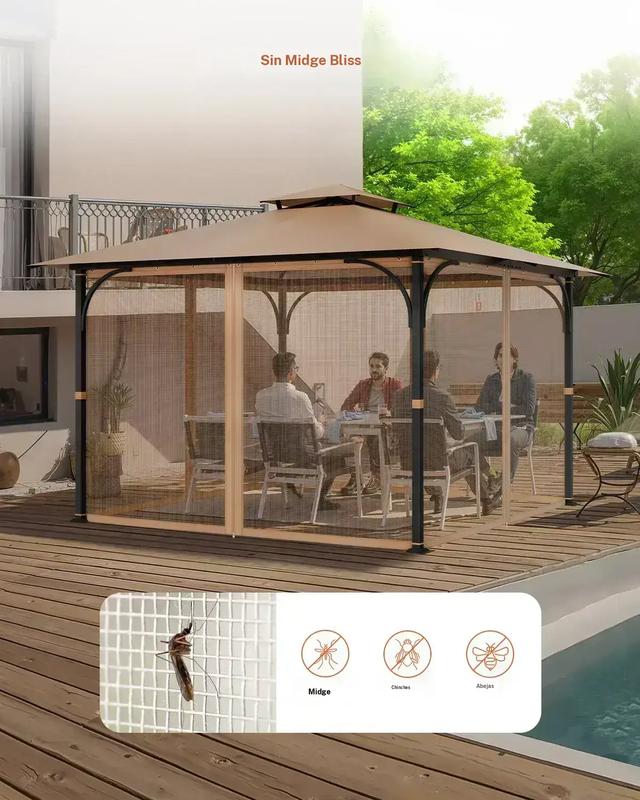 Red de repuesto para sombrilla (solo red), compatible con la mayoría de las sombrillas de 3×3 m (10 x 10 x 7 pies), red de jardín exterior, panel lateral de malla de 4 puertas, red antiinsectos para patio con doble cremallera, solo red