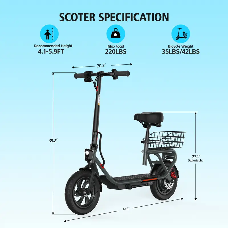 TST Scooter Eléctrico con Asiento, Scooter Eléctrico Plegable de Comunicación para Adultos de 300W, Neumático de 12" de Diámetro, hasta 16 Mph, con Cesta y Asiento Ajustable en Altura