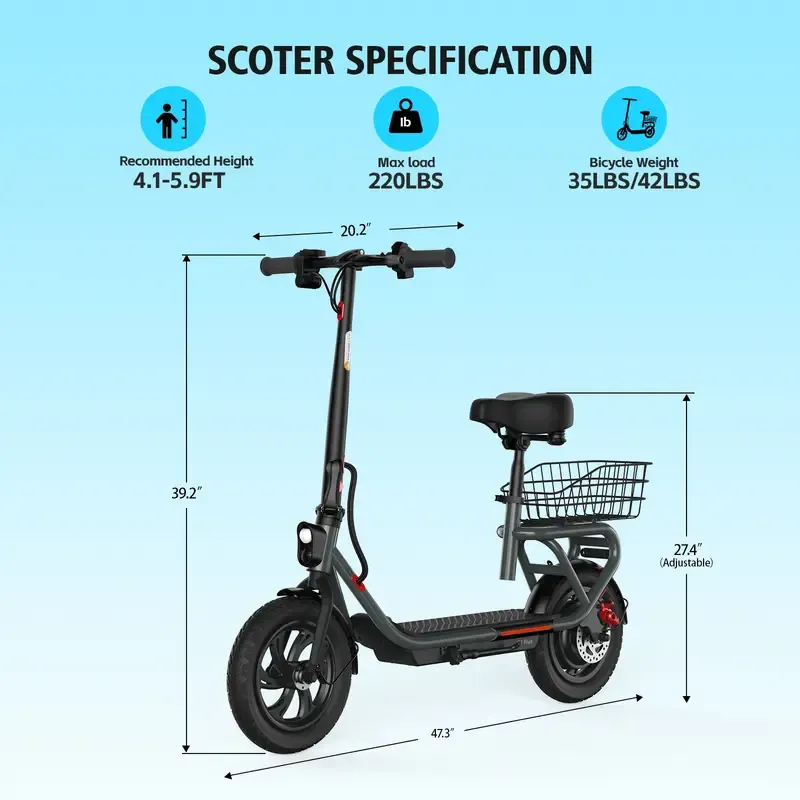 TST Scooter Eléctrico con Asiento, Scooter Eléctrico Plegable de Comunicación para Adultos de 300W, Neumático de 12" de Diámetro, hasta 16 Mph, con Cesta y Asiento Ajustable en Altura