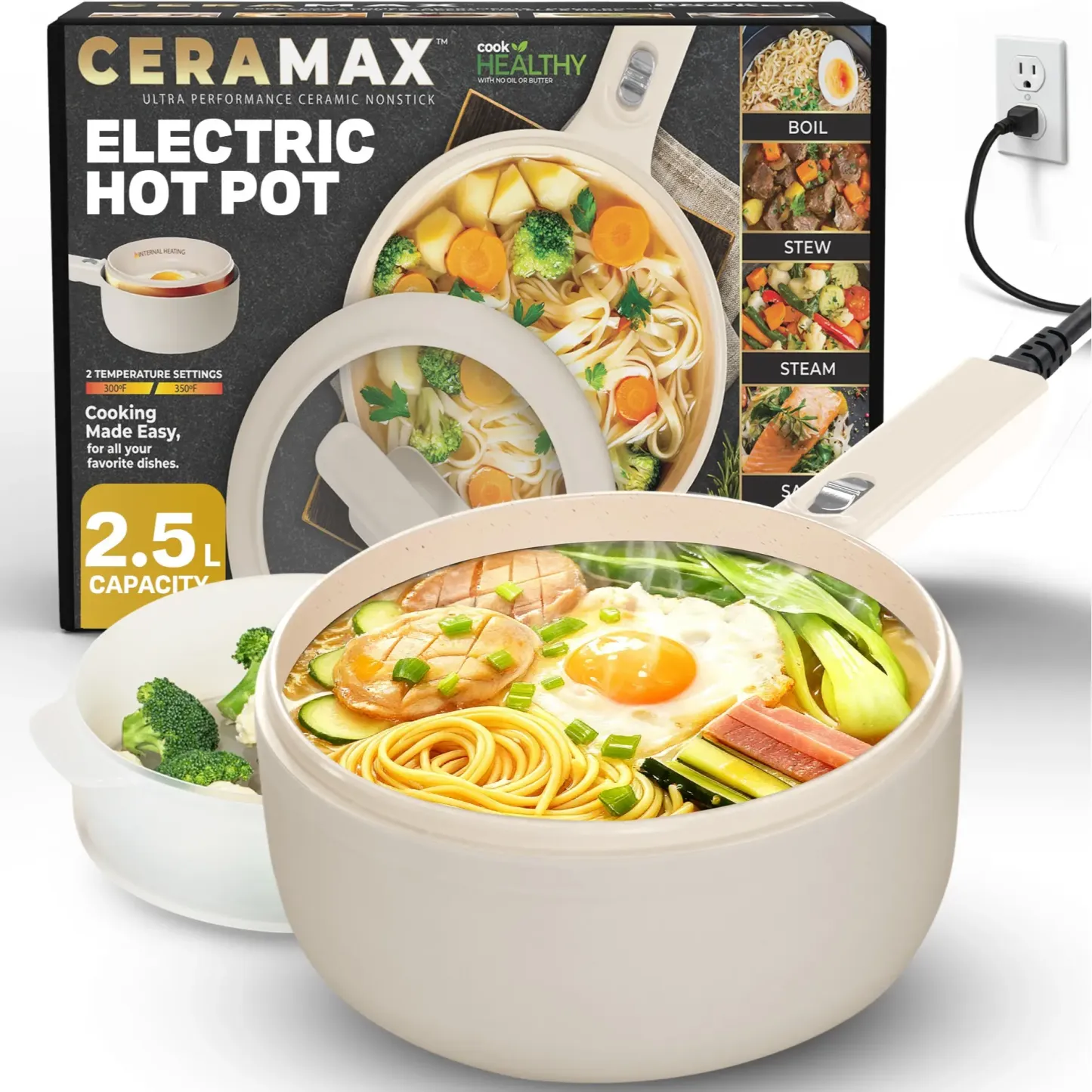 Olla eléctrica antiadherente de cerámica, sartén multifuncional tipo hot pot con tapa y vaporera, mini cocina eléctrica portátil