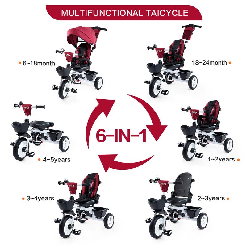 Triciclo 6 en 1 para Niños de 18 Meses a 5 Años, con Manija y Asiento Ajustables, Arnés, Toldo Desmontable y Estructura Metálica de 3 Ruedas