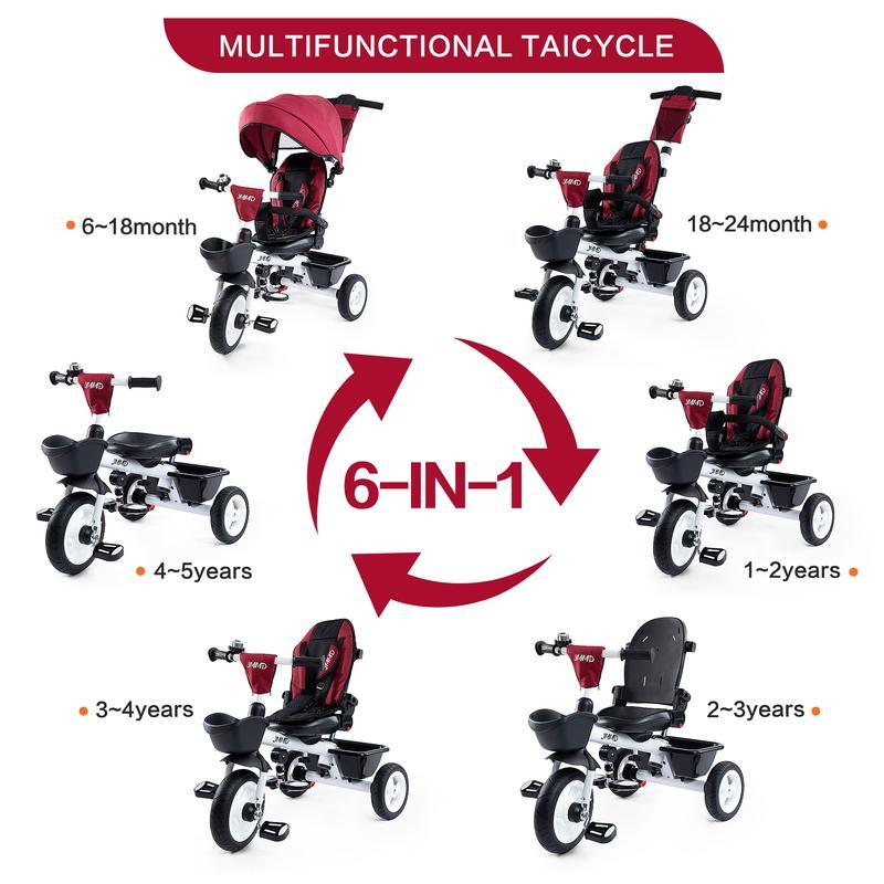 Triciclo 6 en 1 para Niños de 18 Meses a 5 Años, con Manija y Asiento Ajustables, Arnés, Toldo Desmontable y Estructura Metálica de 3 Ruedas