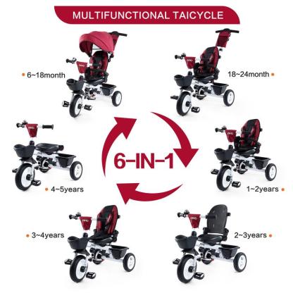 Triciclo 6 en 1 para Niños de 18 Meses a 5 Años, con Manija y Asiento Ajustables, Arnés, Toldo Desmontable y Estructura Metálica de 3 Ruedas