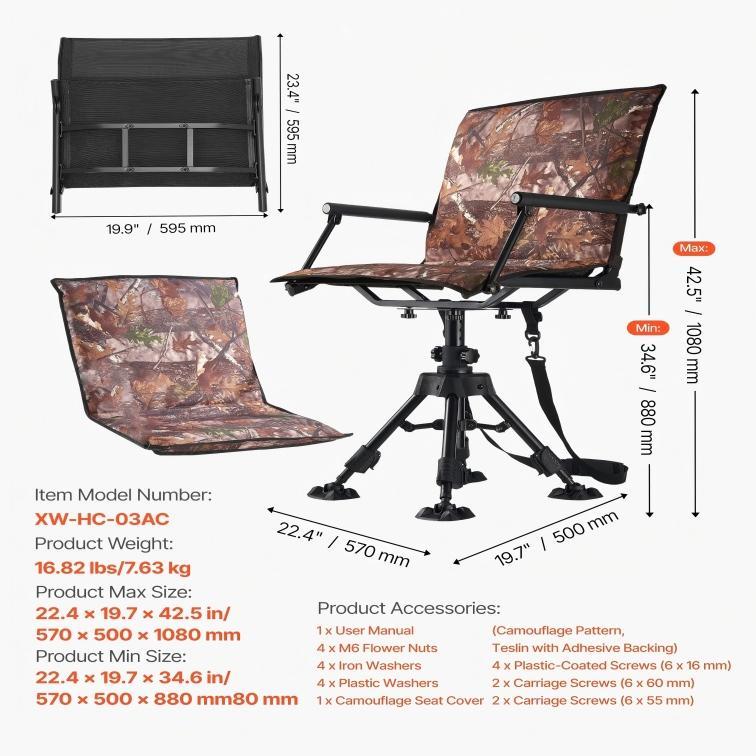 Silla de Caza Plegable 360° con Giro Silencioso, Estructura de Acero Resistente, Altura Ajustable, Capacidad 350 lb, Ligera y Portátil para Pesca, Camping y Exteriores