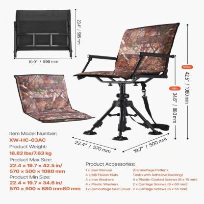 Silla de Caza Plegable 360° con Giro Silencioso, Estructura de Acero Resistente, Altura Ajustable, Capacidad 350 lb, Ligera y Portátil para Pesca, Camping y Exteriores