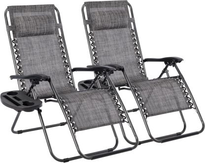 Pack 2 Tumbonas Plegables Exterior T-LOVENDO Gravedad Zero con Portavaso - Sillas Playa Piscina Jardín Terraza 150kg