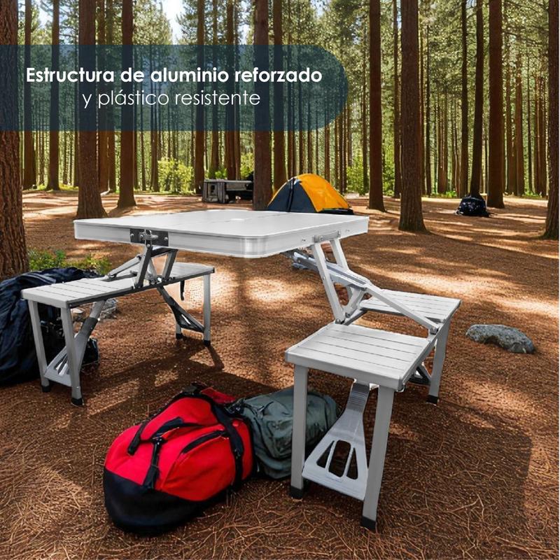 Mesa Plegable Portátil 4 Bancos Integrados Estilo Portafolio Para Camping, picnic o Jardín Estructura de aluminio reforzado y plástico resistente
