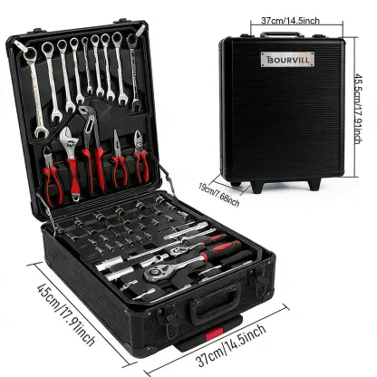 Juego de herramientas Bourvill de 899 piezas: estuche metálico portátil de alta capacidad, gabinete móvil con ruedas y unidad de almacenamiento de 4 niveles de aleación de aluminio, un kit completo para reparación mecánica y mantenimiento del hogar.