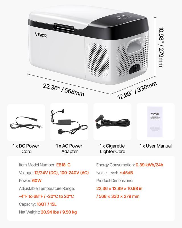 Refrigerador Portátil para Auto, Enfriador Eléctrico con Compresor 12/24V DC y 100-240V AC, Control por APP, Congelador de 16 QT para RV, Camping, Barco y Pesca