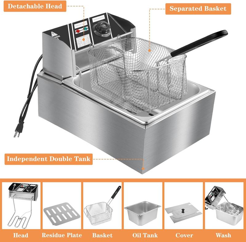 Freidora Eléctrica de 6 L de Acero Inoxidable con Canastilla, 2500 W, 110 V, Tanque Individual, Control de Temperatura y Tapa, Ideal para Hogar y Restaurante