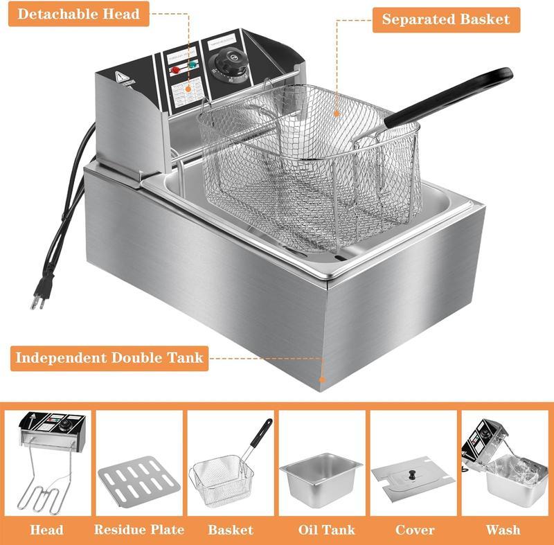 Freidora Eléctrica de 6 L de Acero Inoxidable con Canastilla, 2500 W, 110 V, Tanque Individual, Control de Temperatura y Tapa, Ideal para Hogar y Restaurante