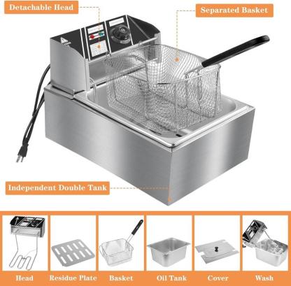 Freidora Eléctrica de 6 L de Acero Inoxidable con Canastilla, 2500 W, 110 V, Tanque Individual, Control de Temperatura y Tapa, Ideal para Hogar y Restaurante