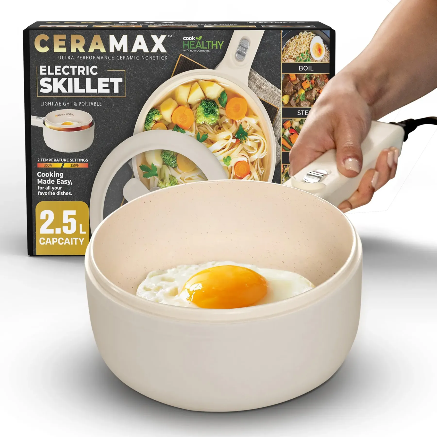 Olla eléctrica antiadherente de cerámica, sartén multifuncional tipo hot pot con tapa y vaporera, mini cocina eléctrica portátil