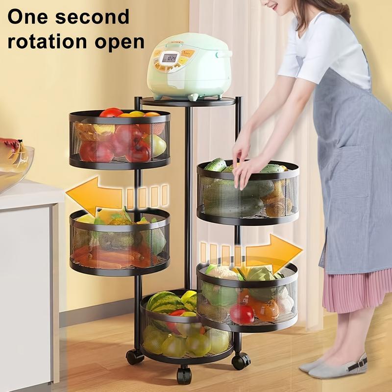 Estante Rotatorio Multicapa Circular, Organizador de Canasta de Vegetales de Piso, Estante Rotatorio Multicapa para Artículos Varios y Frutas, Estante de Almacenaje Práctico, Organizador Multifuncional, Rack de Canasta de Metal con Ruedas (Negro)