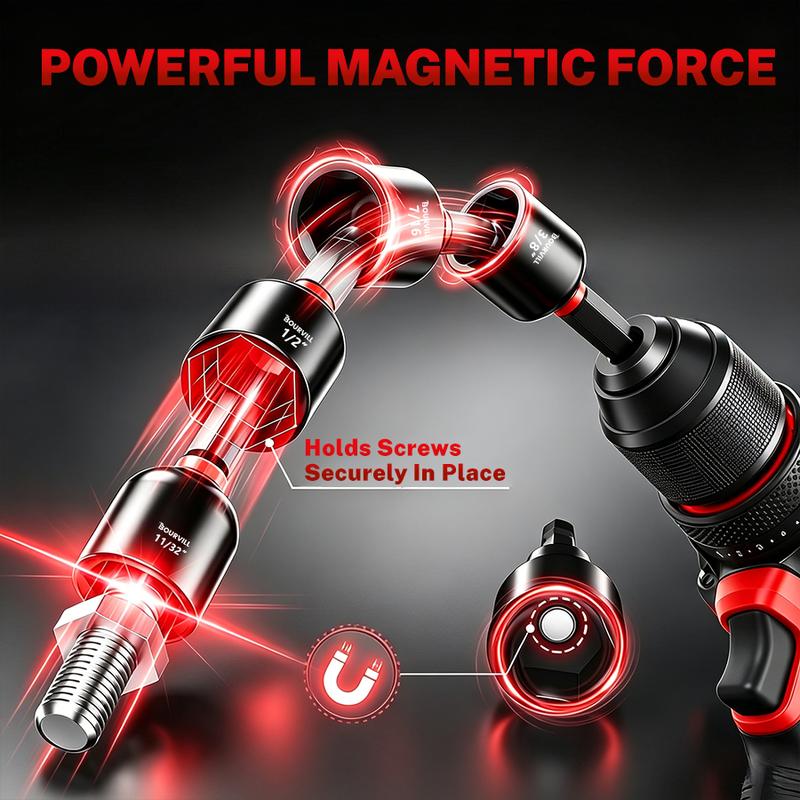 Set de 55 Piezas de Llaves de Impacto Magnéticas, SAE y Métricas, Vástago Hexagonal de 1/4", con Adaptadores y Extensión, Uso Profesional