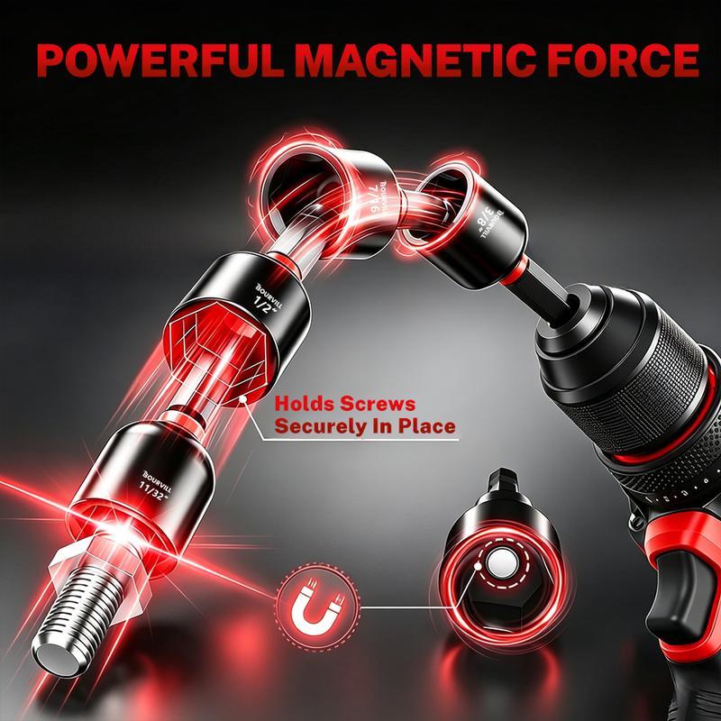 Set de 55 Piezas de Llaves de Impacto Magnéticas, SAE y Métricas, Vástago Hexagonal de 1/4", con Adaptadores y Extensión, Uso Profesional