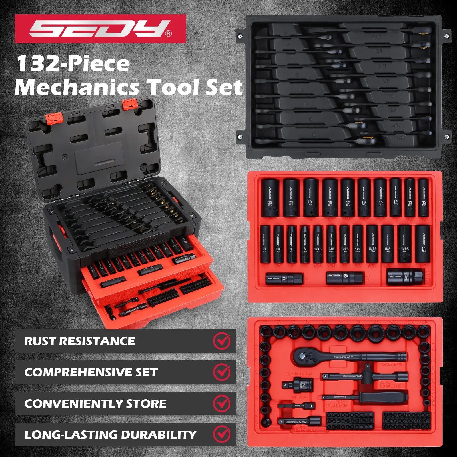 Premium 132-Piece Mechanics Tool Set, SAE/Metric 1/4" & 3/8" Drive Socket Set, Ratcheting Wrenches, Extensions & Adapters, Quick-Release Ratchet, Professional Auto Repair Tool Kit with Storage Case, Christmas Gift
