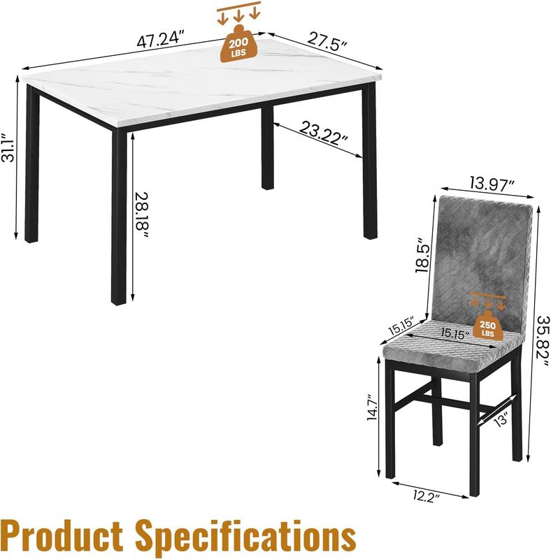 Juego de comedor para 4 personas, mesa con acabado tipo mármol de 120 × 70 cm, incluye 4 sillas modernas tapizadas en terciopelo con diseño ergonómico, ideal para comedor y cocina.