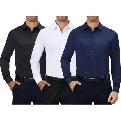 3-Pack Men's Dress Shirts 4-way Stretch Long Sleeve Collared Solid Wedding Dating Button Down Shirts Business Casual Breathable Outfits Menswear