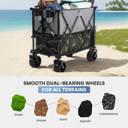 Carrito plegable doble de 320L para exterior, con frenos, capacidad de 440 lb, mango flexible, ruedas grandes todoterreno y diseño compacto plegable, ideal para compras y camping.