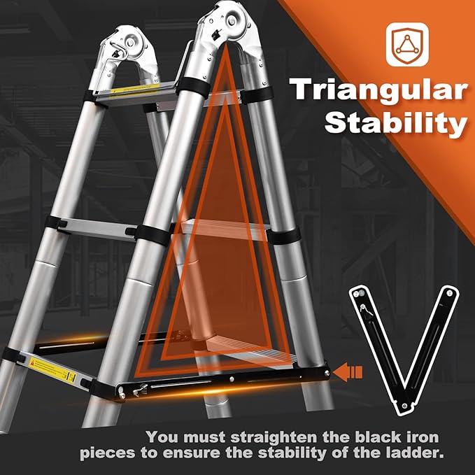Escalera telescópica con marco A, escalera de extensión de aluminio compacta de 16.5 pies, escalera telescópica portátil para caravanas al aire última intervensión, autocaravana, con plataforma de-llave inglesa