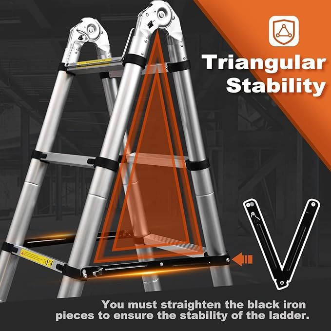 Escalera telescópica con marco A, escalera de extensión de aluminio compacta de 16.5 pies, escalera telescópica portátil para caravanas al aire última intervensión, autocaravana, con plataforma de-llave inglesa
