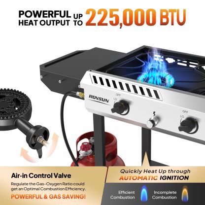 Estufa de Gas Propano para Exterior de 3 Quemadores, 225,000 BTU, con Ruedas y Repisas Laterales para Camping y Cocina al Aire Libre