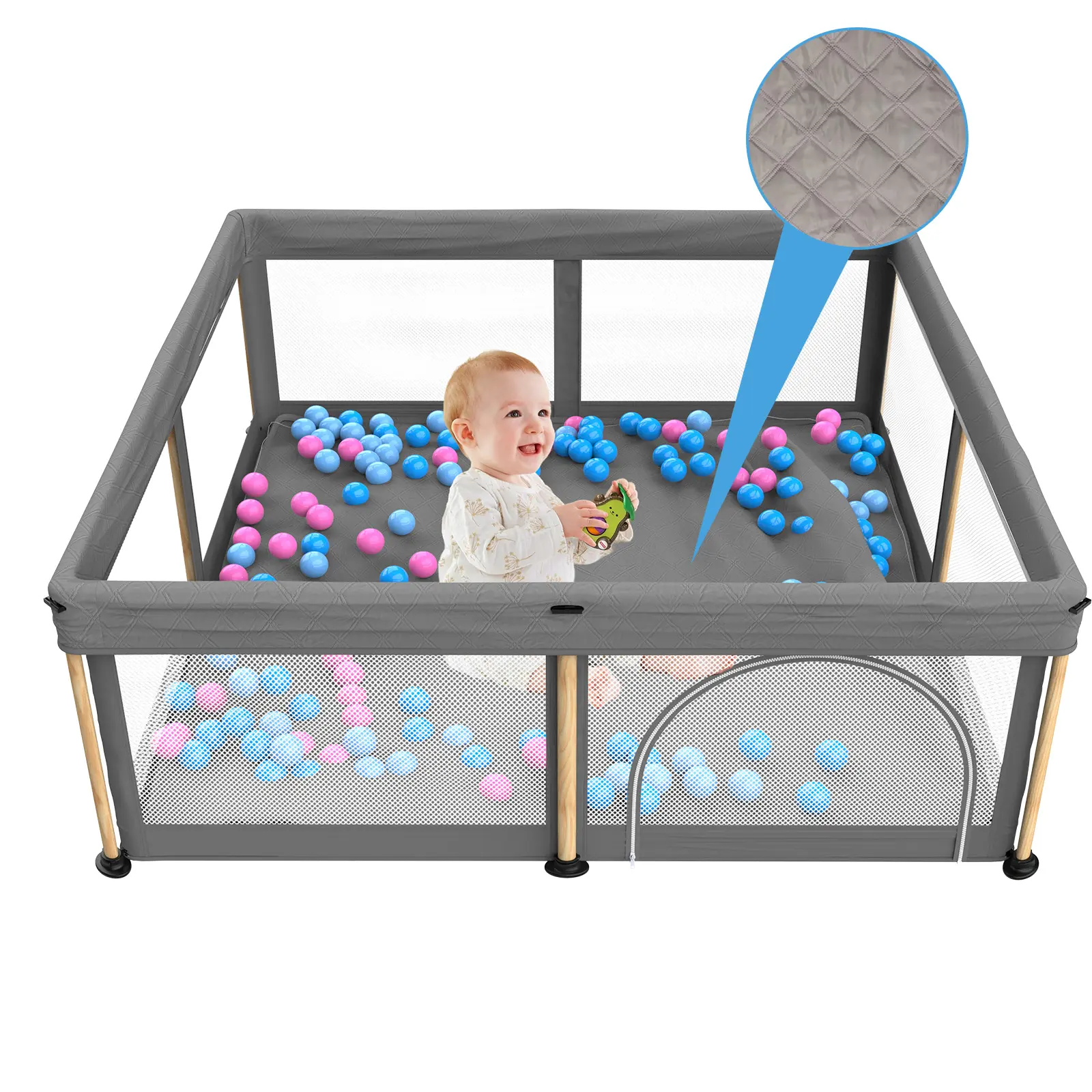 Corral Plegable para Bebé con Tapete 50"x50", Puerta de Seguridad, Diseño Transpirable, Incluye 50 Pelotas para Bebés y Niños