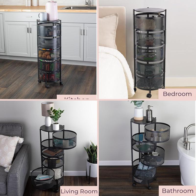 Estante Rotatorio Multicapa Circular, Organizador de Canasta de Vegetales de Piso, Estante Rotatorio Multicapa para Artículos Varios y Frutas, Estante de Almacenaje Práctico, Organizador Multifuncional, Rack de Canasta de Metal con Ruedas (Negro)