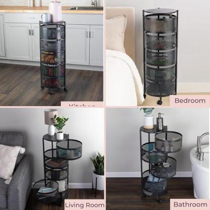 Estante Rotatorio Multicapa Circular, Organizador de Canasta de Vegetales de Piso, Estante Rotatorio Multicapa para Artículos Varios y Frutas, Estante de Almacenaje Práctico, Organizador Multifuncional, Rack de Canasta de Metal con Ruedas (Negro)