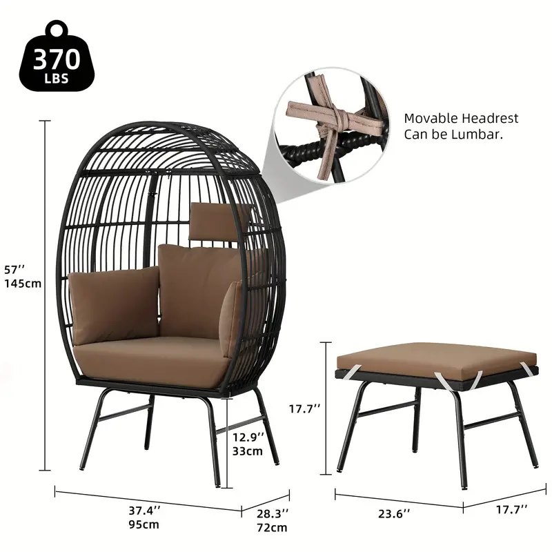 Silla Huevo para Exteriores Phabules con Otomana, Silla de Canasta de Mimbre para Patio con Soporte y Cojín Marrón Silla Capullo