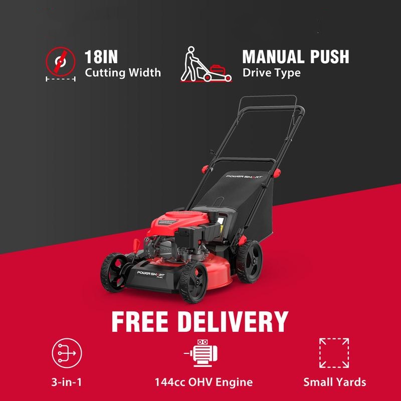 Cortadora de Césped a Gas de 18", Motor OHV de 144 cc de 4 Tiempos, Empuje Manual, Función 2 en 1/3 en 1, Triturado, Bolsa y Descarga Lateral, Ajuste de Altura de 5/6 Niveles, Uso Rudo para Jardines Pequeños (DV8618C/DV8618P)