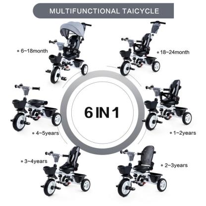 Triciclo 6 en 1 para Niños de 18 Meses a 5 Años, con Manija y Asiento Ajustables, Arnés, Toldo Desmontable y Estructura Metálica de 3 Ruedas