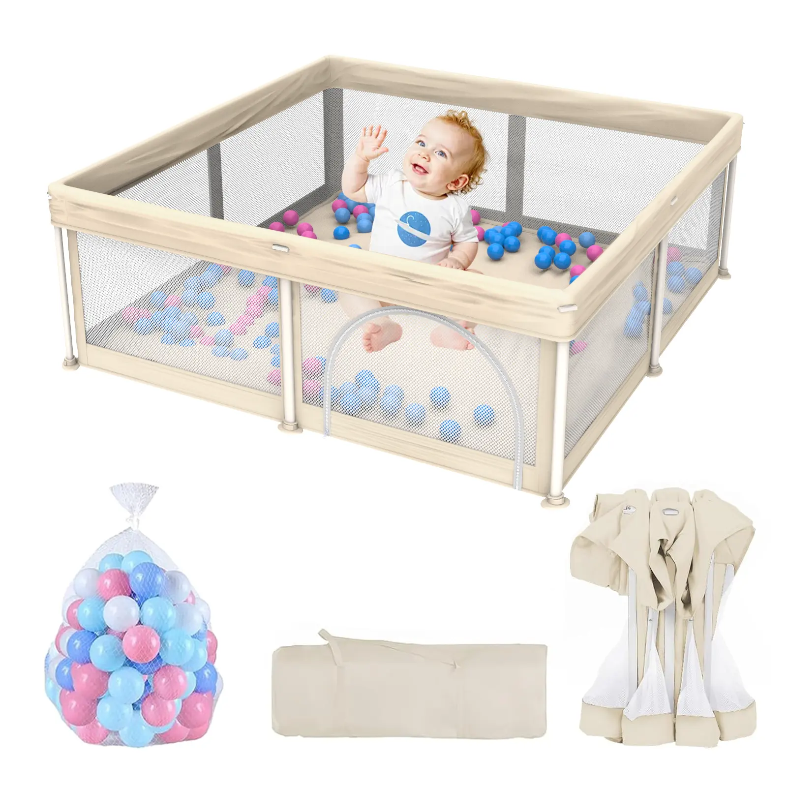 Corral Plegable para Bebé con Tapete 50"x50", Puerta de Seguridad, Diseño Transpirable, Incluye 50 Pelotas para Bebés y Niños