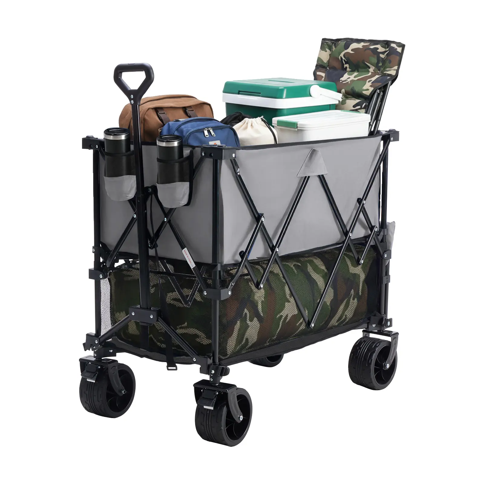 Carrito plegable doble de 320L para exterior, con frenos, capacidad de 440 lb, mango flexible, ruedas grandes todoterreno y diseño compacto plegable, ideal para compras y camping.