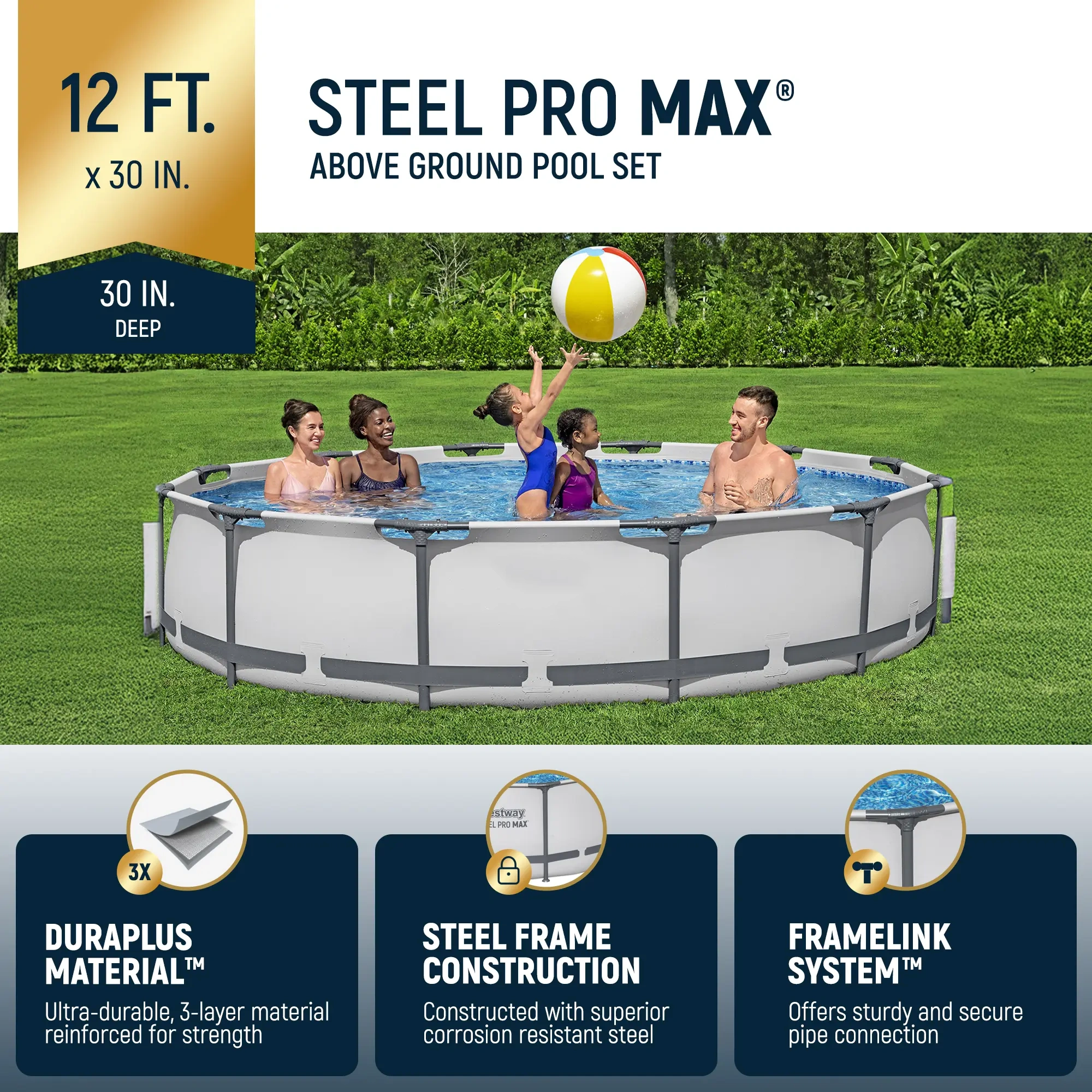 Alberca Redonda Elevada Steel Pro MAX para Exterior con Bomba, 30-42 Pulgadas de Profundidad