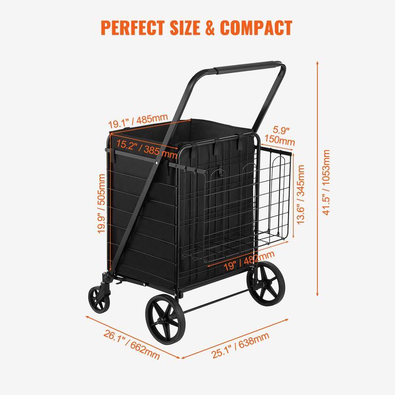 carrito de compras plegable con , forro impermeable extraíble, máximo 330 libras, gran capacidad, Jumbo, con cesta Dual, ruedas giratorias de 360 °, Base de malla de Metal denso, carro de utilidad resistente