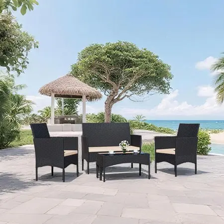 Juego de Muebles de Exterior para Patio – Sillas de Ratán PE con Mesa de Vidrio Templado y Cojines Suaves para Jardín, Césped o Piscina