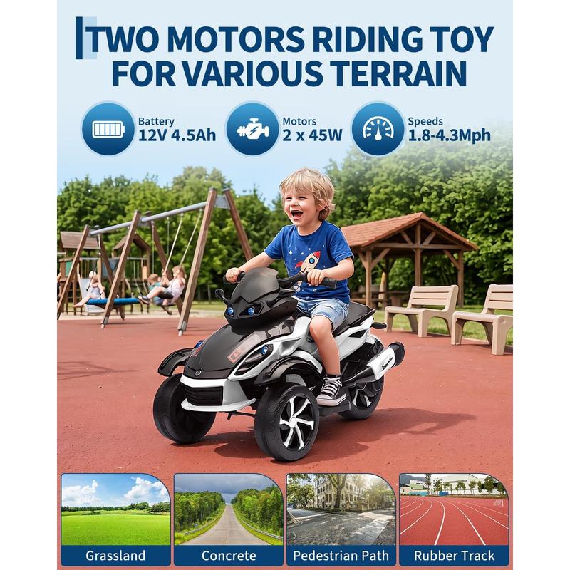ATV Eléctrico Infantil 12V con Música y Luces, Cuatrimoto para Niños con 2 Motores, Diseño Estable de 3 Ruedas, Juguete Exterior para 3-6 Años