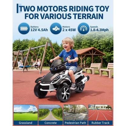 ATV Eléctrico Infantil 12V con Música y Luces, Cuatrimoto para Niños con 2 Motores, Diseño Estable de 3 Ruedas, Juguete Exterior para 3-6 Años