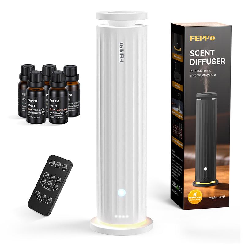 Difusor de Aromas sin Agua, Kit con 5 Aceites Esenciales de 20 ml, Difusión en Frío, 6 Niveles de Intensidad, Temporizador, Cobertura de hasta 1000 ft² para Hogar y Oficina