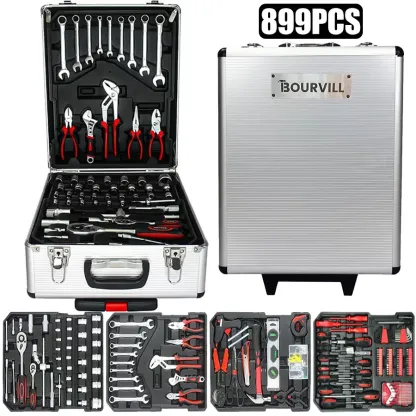 Juego de herramientas Bourvill de 899 piezas: estuche metálico portátil de alta capacidad, gabinete móvil con ruedas y unidad de almacenamiento de 4 niveles de aleación de aluminio, un kit completo para reparación mecánica y mantenimiento del hogar.
