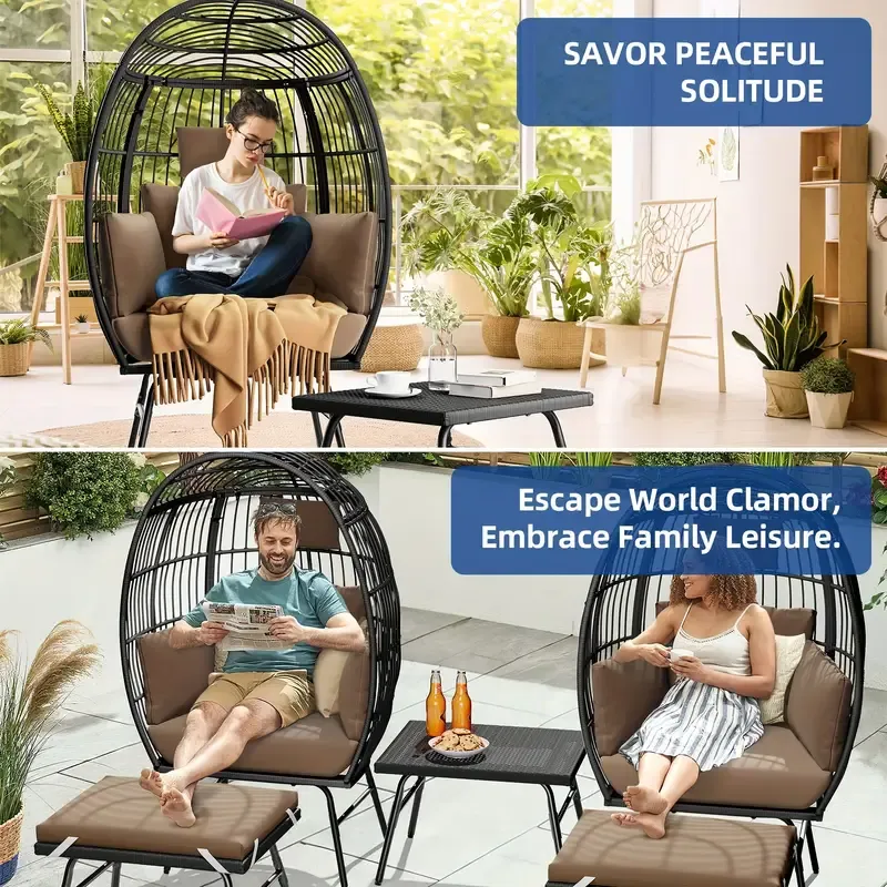 Silla Huevo para Exteriores Phabules con Otomana, Silla de Canasta de Mimbre para Patio con Soporte y Cojín Marrón Silla Capullo