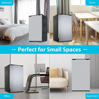 Mini Refrigerador Compacto 3.2 Pies³ – Pequeño Refrigerador para Dormitorio con Congelador, Bajo Ruido 38 dB, Temperatura Ajustable, Puerta Reversible – Regalo Ideal para Mujeres y Niños, Plateado