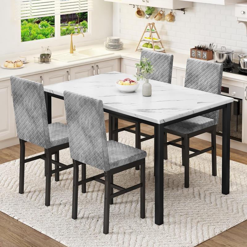 Juego de comedor para 4 personas, mesa con acabado tipo mármol de 120 × 70 cm, incluye 4 sillas modernas tapizadas en terciopelo con diseño ergonómico, ideal para comedor y cocina.